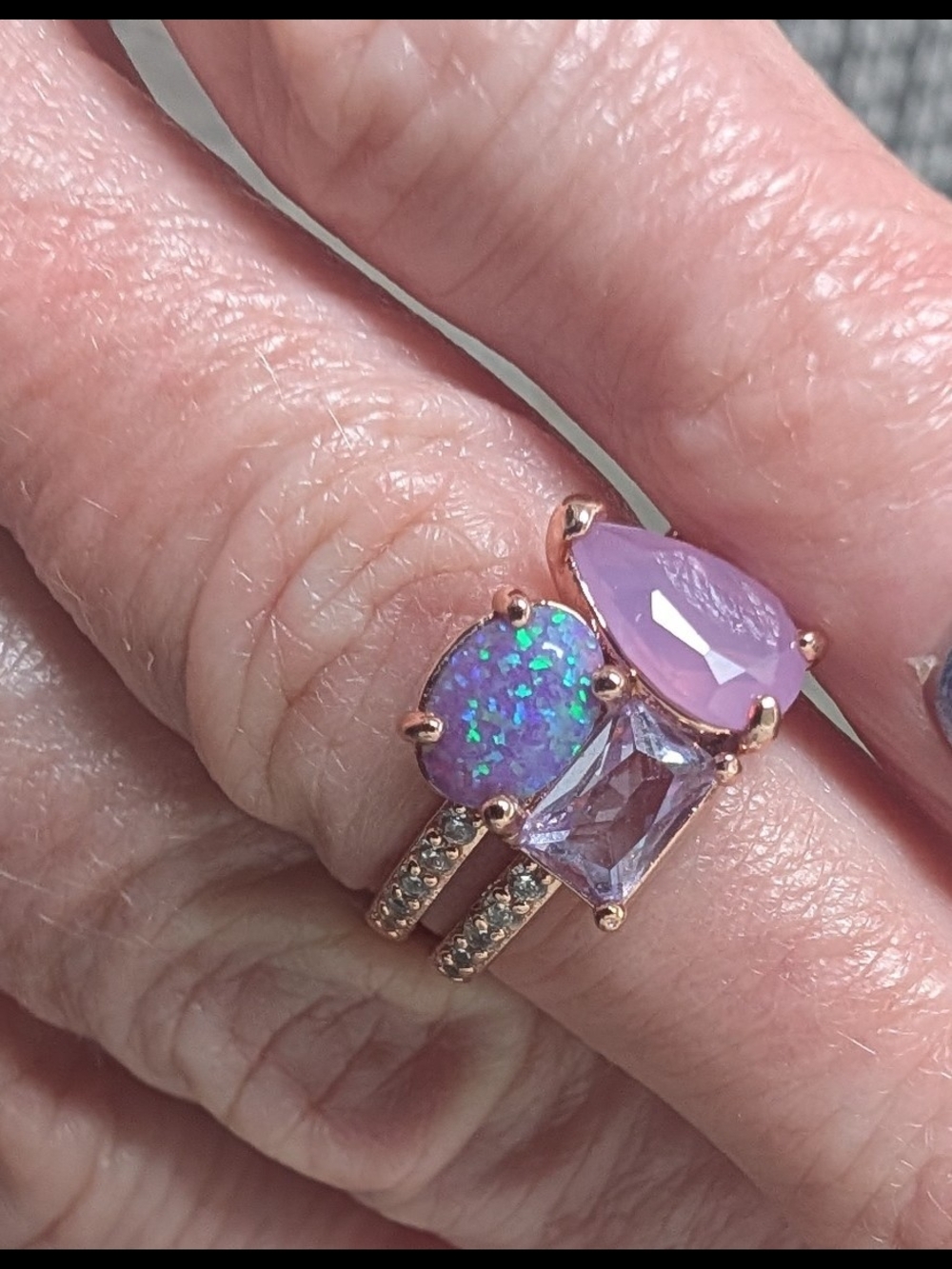 Rose Gold Triple-Stone Pink & Lavender Ring